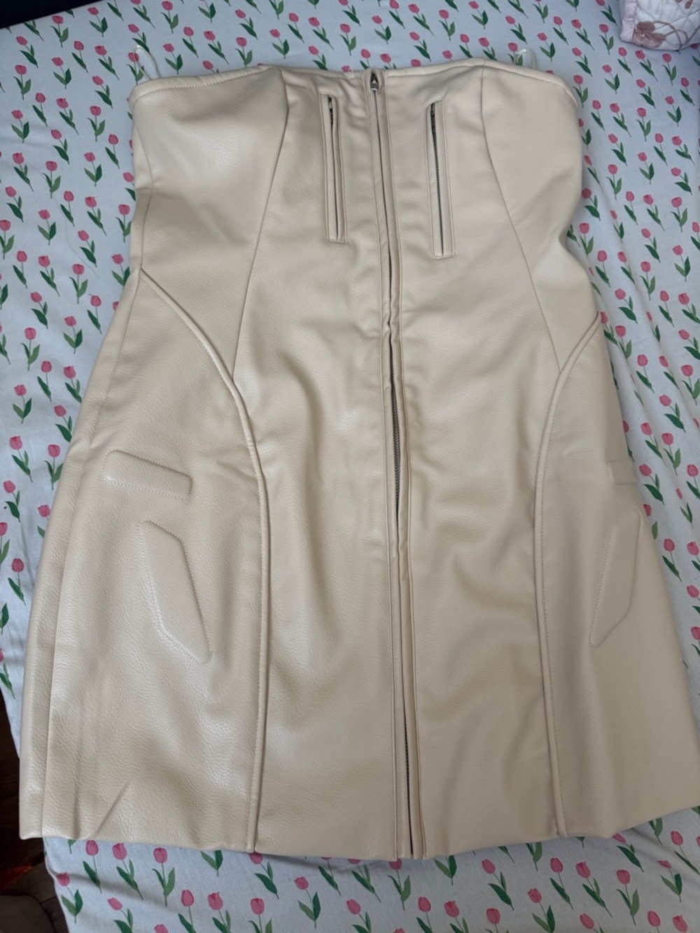 Strapless Cream Faux-Leather Dress with Front Zip
